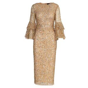 Mac Duggal 10802 Size 2 Nude Silver Ruffle Bell Sleeve Sequined Midi Party Dress